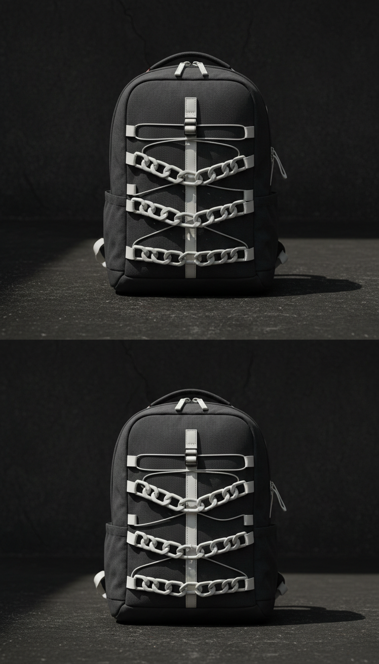 mochila técnica minimalista detalle cadena blanco yeso