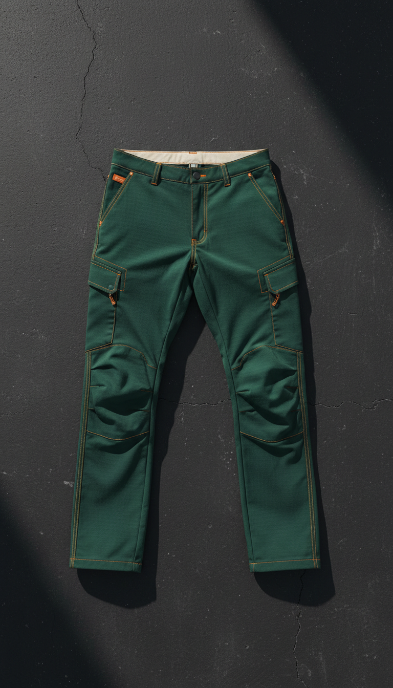 pantalón cargo técnico verde jungla detalles ámbar